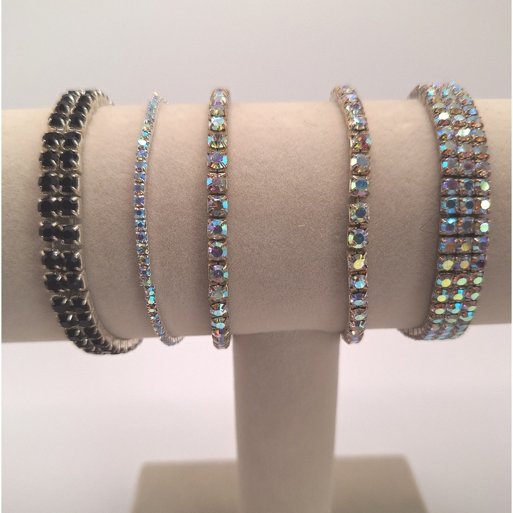 Vintage rhinestone bracelets jet black AB tennis expansion accordion stretch set